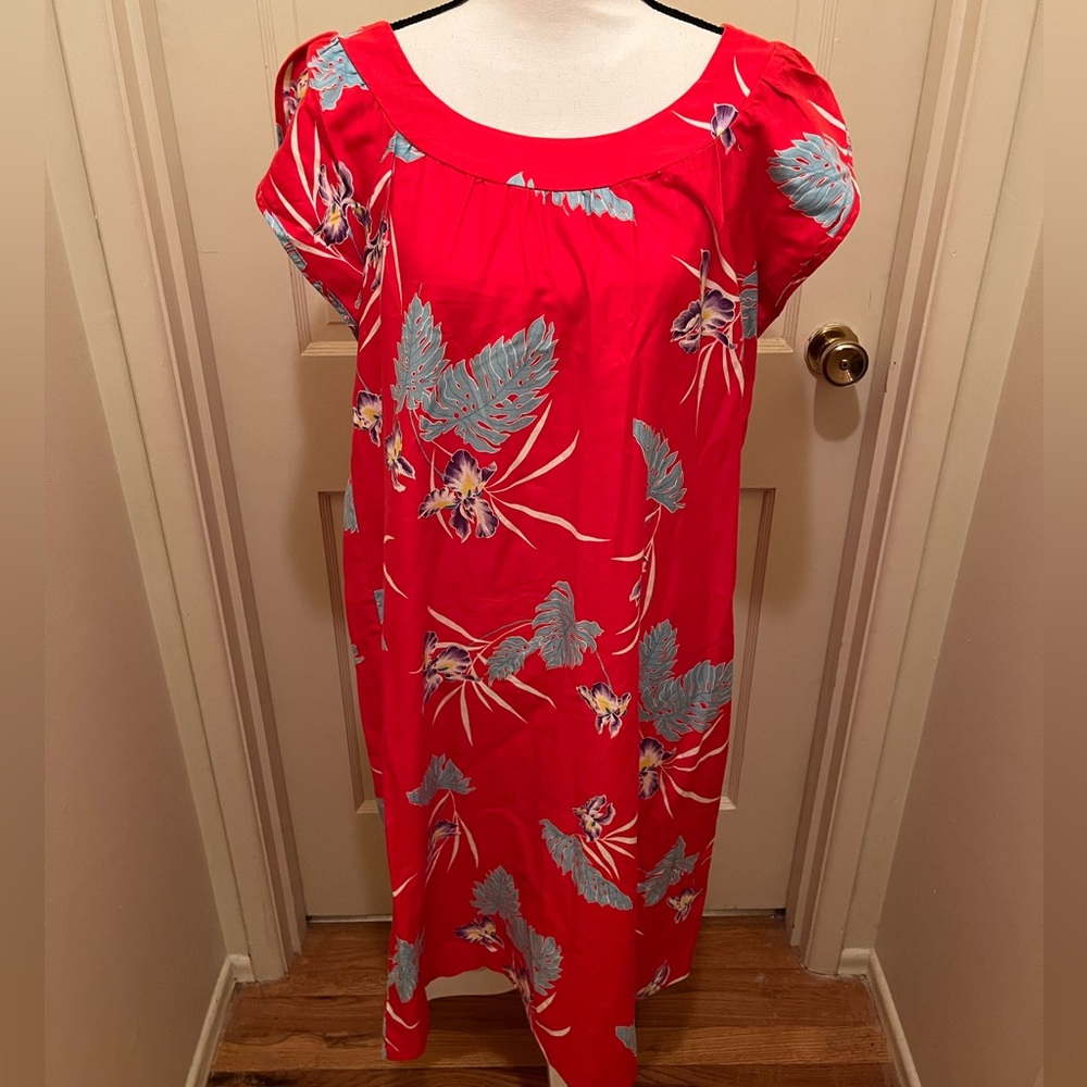Vintage Hawaiian Dress Muumuu Floral Tropical Malihini Red Hibiscus Monsteras L